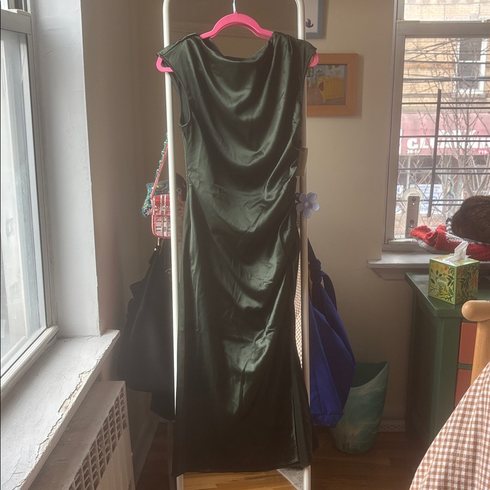 BHLDN Dark Green Satin Midi Dress